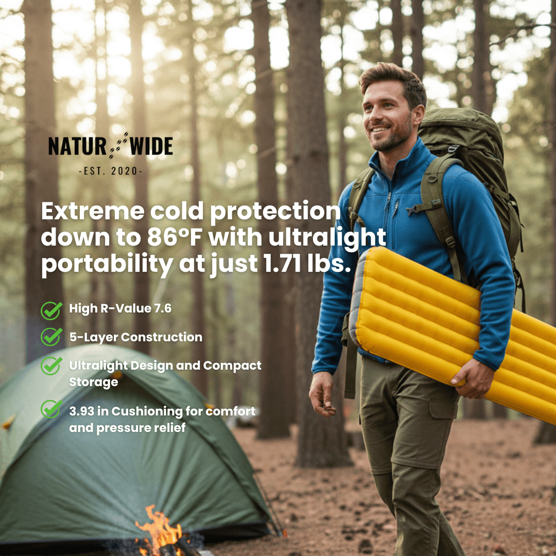 NaturWide 7.6R Camping Sleeping Pad – Ultralight, Self-Inflating & Double-Reinforced