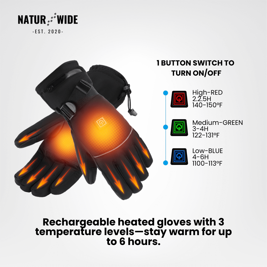 Heated Gloves – 6000mAh Battery, 3 Heat Levels, Waterproof & Windproof