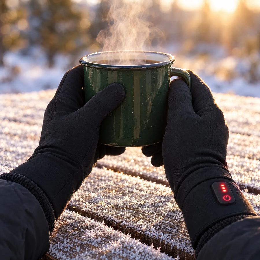 Hände in beheizten Unterziehhandschuhen halten an einem frostigen Morgen einen dampfenden Becher
