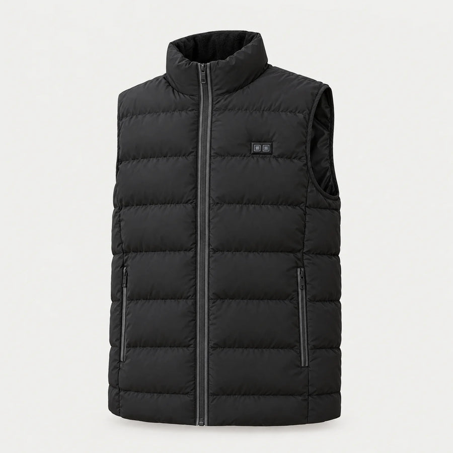 Heated vest 2.0 in black with high collar, front view