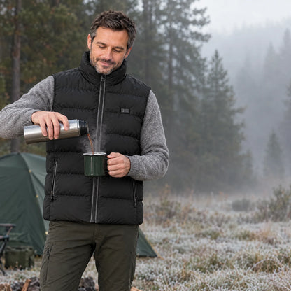 Man in the heated vest 2.0 pouring coffee at a campsite