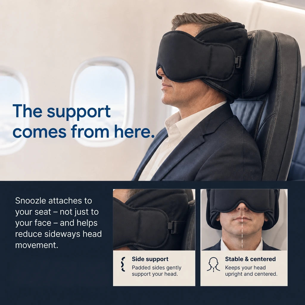 Man sleeping upright on a plane – Snoozle attaches to the headrest and supports the head from the sides