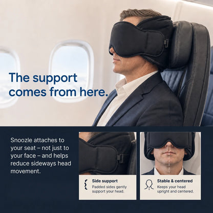 Man sleeping upright on a plane – Snoozle attaches to the headrest and supports the head from the sides